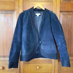 Vintage Coldwater Creek navy suede leather cable knit wool blend blazer jacket